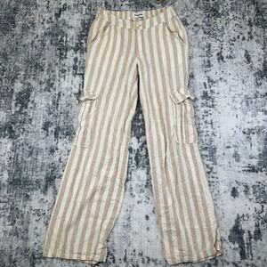 RSQ Cargo Pants Women XS Tan Striped Linen Blend Wide Leg Casual Coastal Utility